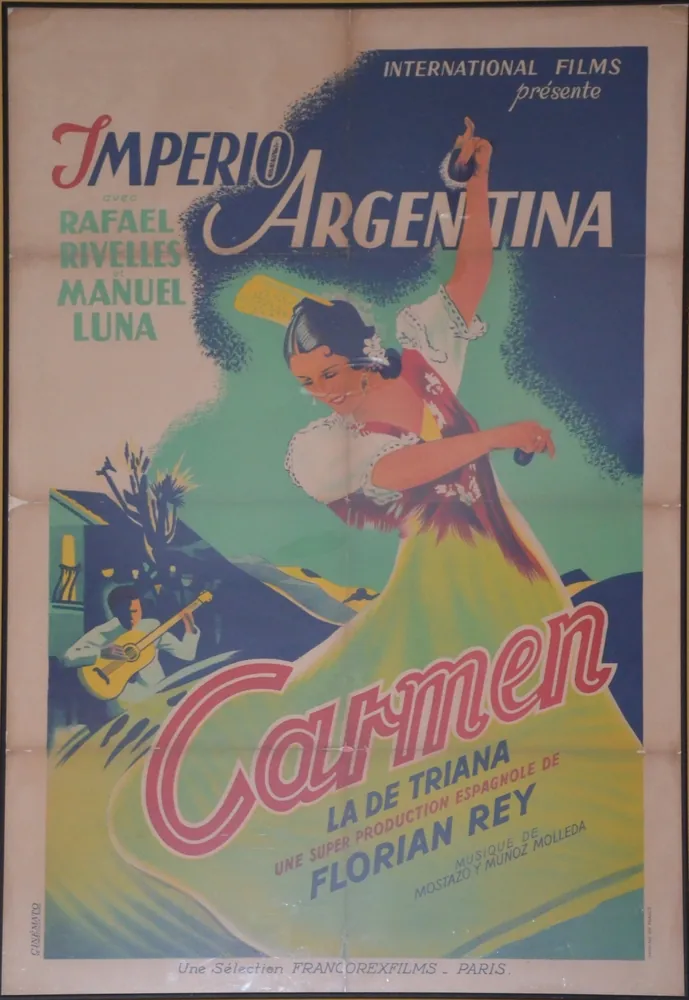 Cartel de estreno de Carmen la de Triana (1938). Imagen histórica del Legado Imperio Argentina; copia de catálogo para revisión privada.