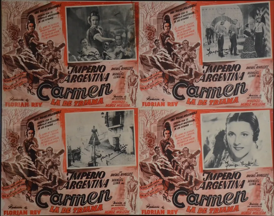 Material publicitario con escenas de Carmen la de Triana (1938). Imagen histórica del Legado Imperio Argentina; copia de catálogo para revisión privada.